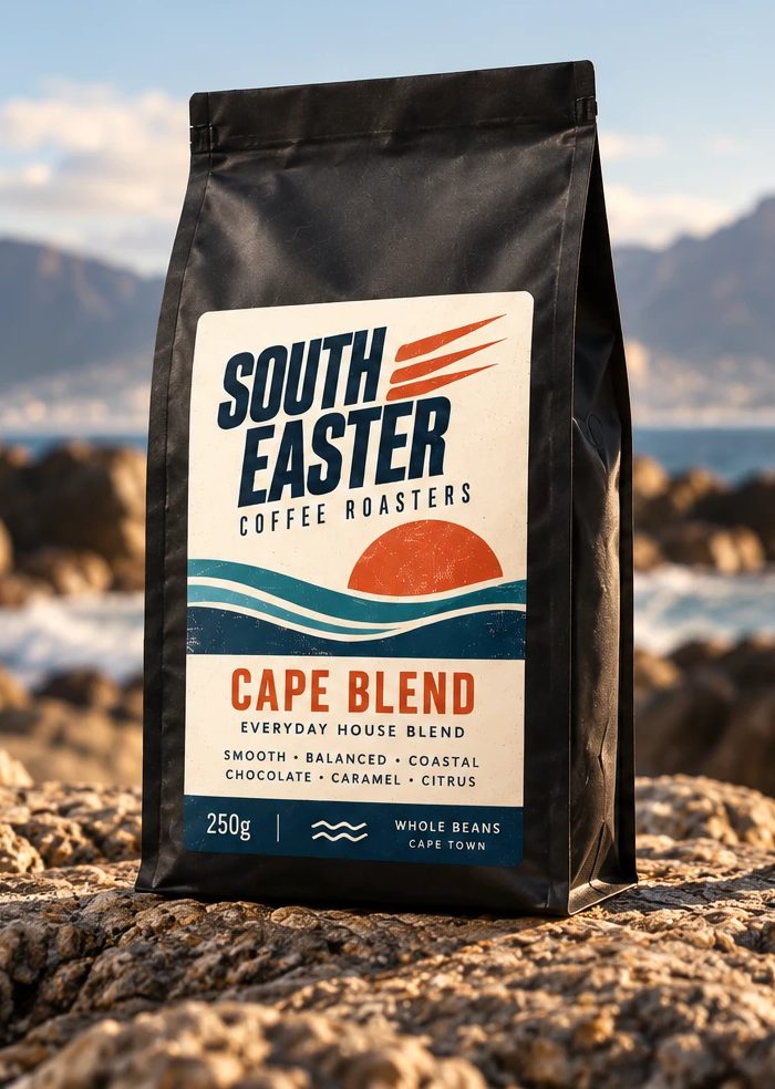 Bag of South Easter Cape Blend medium roast coffee beans by the sea in Cape Town