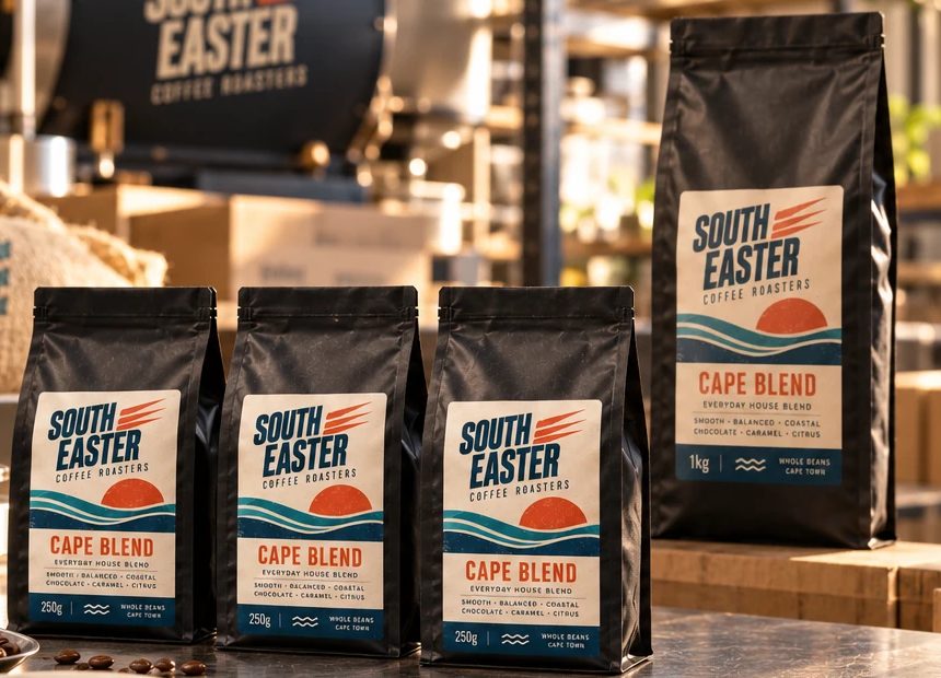 Row of South Easter wholesale coffee bags on the roastery counter