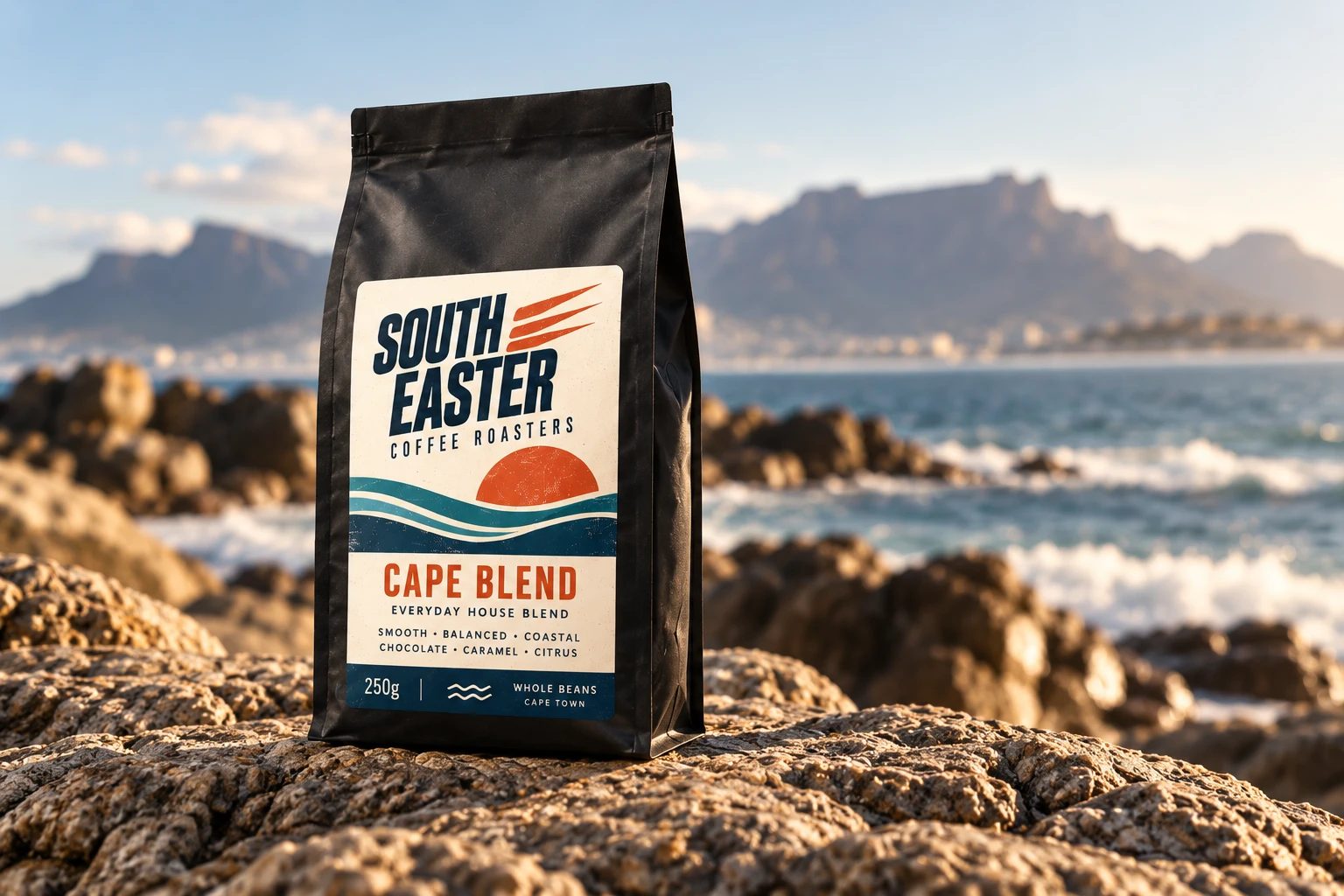 Bag of South Easter Cape Blend coffee on the rocks with Table Mountain behind