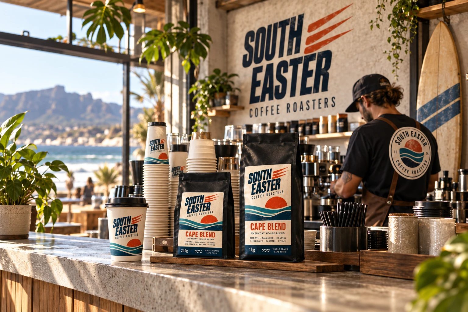 Barista behind a Cape Town coffee bar stocked with South Easter coffee