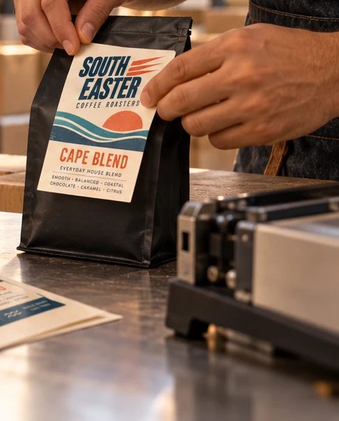 A South Easter roaster labelling a bag of coffee by hand