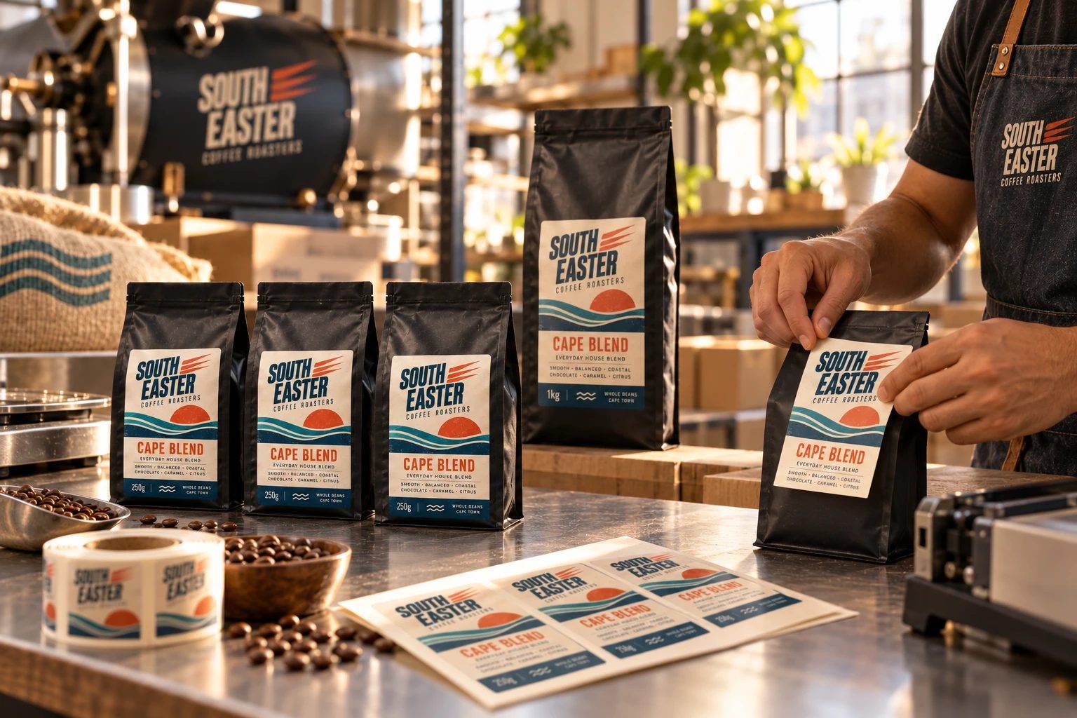 South Easter coffee bags being labelled at the Cape Town roastery
